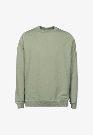 Světle zelený crewneck svetr s dlouhými rukávy, žebrovanými manžetami a spodním lemem, s malým vyšitým logem slona na hrudi.