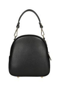 Borsa a mano nera in pelle texturizzata con forma arrotondata, manico corto staccabile, chiusure in metallo dorato e zip.