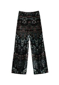Pantalons en velours noir à jambes larges avec un motif floral et botanique multicolore sur l'ensemble.