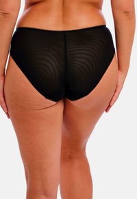 Zwarte mesh hoge taille onderbroek met een gladde textuur. Heeft een gebogen snit en een subtiele glans, ontworpen voor comfort en pasvorm.