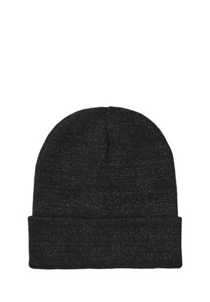 Berretto lavorato a maglia nero con risvolto, caratterizzato da un delicato motivo in filo metallico che aggiunge texture e interesse visivo.