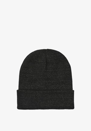 Berretto lavorato a maglia nero con risvolto, caratterizzato da un delicato motivo in filo metallico che aggiunge texture e interesse visivo.