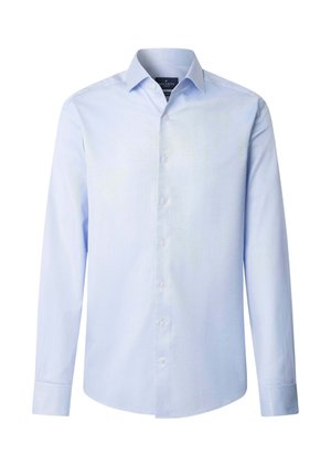 Chemise habillée pour homme à manches longues, couleur bleu clair, avec fermeture boutonnée sur le devant et col pointu, présentée sur un fond blanc.