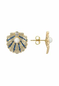 Pendientes en tono dorado con forma de concha, adornados con piedras rectangulares azules, cristales transparentes y una perla central. Cierre a presión.