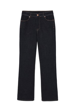 Dark denim jeans featuring a straight-leg cut, two front pockets, and orange stitching details. Button closure visible at the waistband.