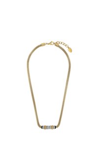 Gouden mesh ketting met een centraal detail van afwisselend ronde kralen in goud, zilver en zwart, voorzien van een sluiting en verlengketting.