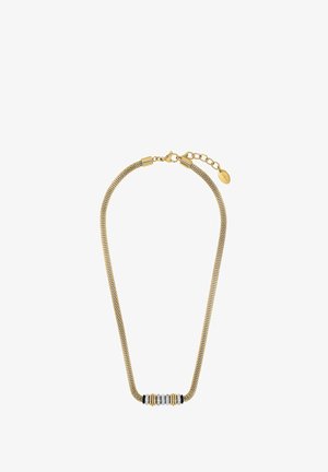 Gouden mesh ketting met een centraal detail van afwisselend ronde kralen in goud, zilver en zwart, voorzien van een sluiting en verlengketting.