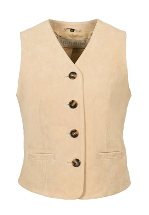 Chaleco sin mangas de ante beige con escote en V, cuatro botones marrones en la parte delantera y dos bolsillos ribeteados delanteros, talla mediana.