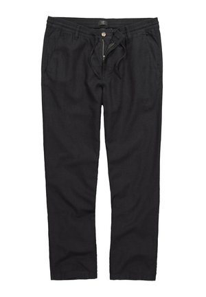 Black casual pants with zipper and button closure, drawstring waist, belt loops, and front side pockets.