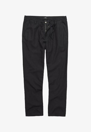 Black casual pants with zipper and button closure, drawstring waist, belt loops, and front side pockets.