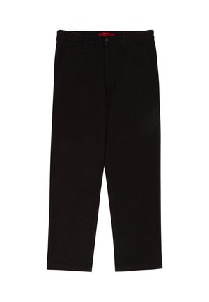 Pantalon en coton noir avec coupe droite, doté d'une fermeture à boutons, de passants pour ceinture et de poches avant. Texture lisse, sans motifs visibles.