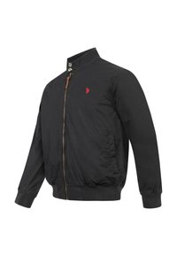 Black zip-up jacket with stand collar, ribbed cuffs and hem, side pockets, and small red embroidered logo on chest.