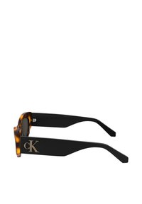Slnečné okuliare s prednou časťou v korytnačej dezénu, čierne plastové ramienka a zlaté logo "CK" na boku. Okrúhle šošovky, elegantný moderný dizajn.