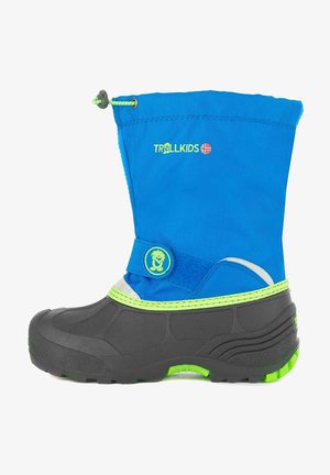 Blaue wasserdichte Stiefel mit einer grauen Gummisohle, grünen Akzenten und einem Kordelzug am oberen Rand. Verfügt über ein Logo und einen bunten Riemen für sicheren Verschluss.