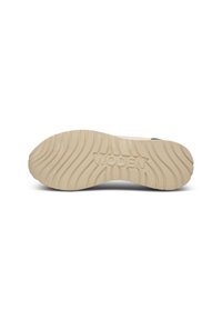 Tan rubber shoe sole with textured wavy pattern; features "WODEN" logo embossed. Flat shape for stability. Plentiful grip lines.