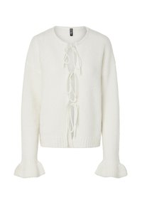 White knitted cardigan with three front tie closures and flared ribbed cuffs on long sleeves.