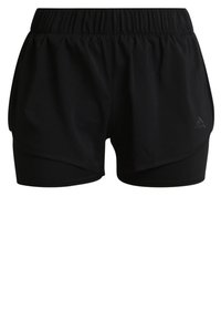 Schwarze Sportshorts mit elastischem Bund, geschichteter Optik und innerem, enganliegendem Futter. Mit kleinem Logo an der unteren Seite.
