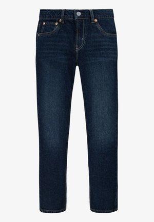Donkerblauwe denim jeans met een rechte snit, vier zakken en lichte vervaging. Voorzien van een knoopsluiting en oranje stikselaccenten.
