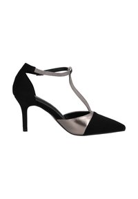 Scarpa con tacco alto nera e argentata metallica con punta affusolata, design a T-strap e una combinazione di materiale scamosciato e liscio.