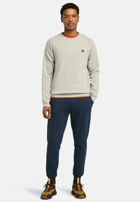 Light gray sweatshirt with a round neck and embroidered logo, paired with navy joggers and patterned black and yellow sneakers.