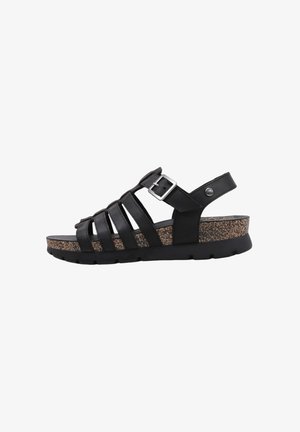 Sandal de cuero negro con múltiples correas, hebilla lateral, plantilla de textura de corcho y suela de goma para mayor agarre.