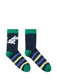 Granatowe skarpetki w zielone, niebieskie i żółte paski; na zewnętrznej stronie znajduje się biały rysunek biegnącego zwierzęcia; wykonane z miękkiego materiału dzianinowego.