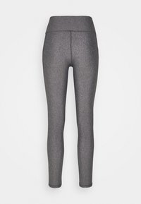 Grå stretchiga leggings med hög midja, med en slät, texturerad yta och ankellång design. Inga mönster eller detaljer.