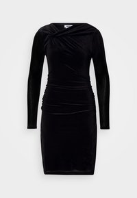 Čierne bodycon šaty s dlhými rukávmi, s drapovaným výstrihom a naťahovaním pozdĺž pásu pre priliehavý siluet.