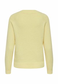 Pull en laine jaune tricoté avec un col rond, des manches longues et une finition texturée. Présente des poignets et un ourlet côtelés, vu de dos.