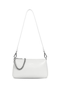 Borsa a tracolla in pelle bianca con una forma rettangolare elegante, caratterizzata da un accento a catena e da una tracolla removibile. Dettagli in metallo semplici.
