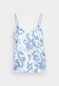 Camisola com padrão floral em tons de azul e branco, com alças finas ajustáveis e decote em V. Tecidos suaves com textura lisa.
