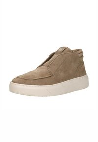 Beige suede hoge sneaker met een ronde neus, een slip-on ontwerp en een witte rubberen zool. Voorzien van gestikte accenten en een minimalistische stijl.