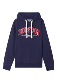Felpa blu navy in tessuto morbido con tasca a marsupio, cordini bianchi e grande logo "HOUSTON" in lettere rosse e bianche.