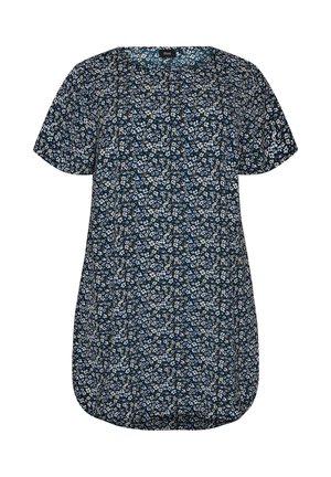 Námořnicky modrá tunika s krátkými rukávy, malým bílým a světle modrým květinovým vzorem a zaobleným lemem.