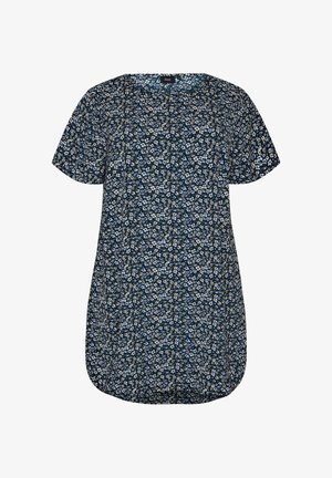 Marineblauwe tuniek met korte mouwen, een klein wit en lichtblauw bloemenpatroon en een afgeronde zoom.