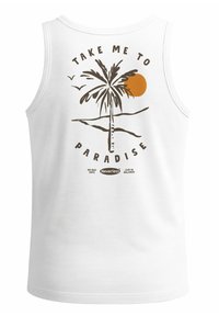 White tank top featuring a palm tree graphic, orange sun, and text "TAKE ME TO PARADISE" with a brand logo in dark brown.