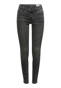 Smaljeans i mörkgrå denim, med en klassisk femficksdesign, knappstängning och subtila slitageeffekter längs låren.