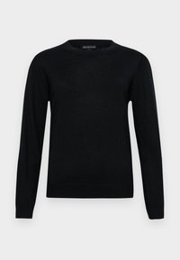 Maglione nero lavorato a maglia con maniche lunghe, collo rotondo e orlo a coste. Realizzato in materiale morbido, presenta una trama semplice senza motivi.