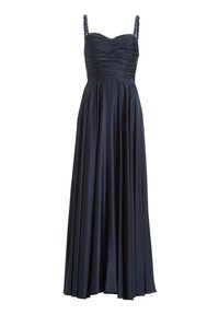 Langes, navyfarbenes Abendkleid mit gerafftem Oberteil, verzierten Trägern und fließendem Rock. Glattes Material mit sanftem Glanz und eleganter Silhouette.