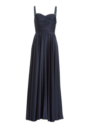 Abito da sera lungo blu navy con corpino arricciato, spalline decorate e gonna fluida. Tessuto liscio con morbido lucido ed elegante silhouette.