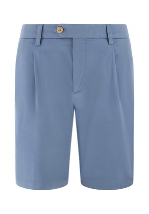 Shorts pour hommes bleu clair, coupe ajustée, avec passants de ceinture, fermeture avant par bouton et plis latéraux, présentés sur un fond blanc.