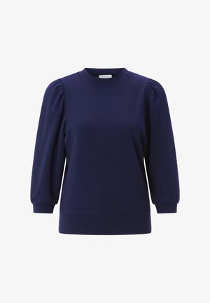 Navy blue pullover top with a rounded neckline, long puff sleeves, and a fitted hem. Smooth fabric texture with no visible patterns.