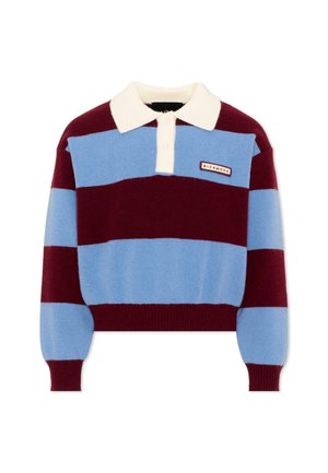 Długi sweter rugby z dzianiny z szerokimi poziomymi bordowymi i jasnoniebieskimi pasami oraz białym kołnierzem, z małą naszywką z logo "Richmond".