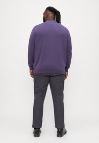 Purple knit sweater, crew neck, long sleeves; paired with dark gray cargo pants featuring side pockets and tapering at the ankle. Black footwear.