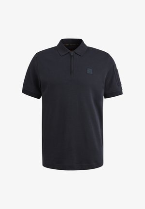 Schwarzes Polohemd mit einem Reißverschlusskragen, kurzen Ärmeln, einem strukturierten Stoff und einem kleinen Logo-Aufnäher auf der Brust. Verfügt über eine Seiten Tasche.