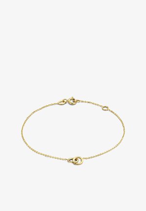 Goldene Kettenarmband mit einem verwobenen Doppelring-Design in der Mitte, mit einem Verschluss und feiner strukturiertem Oberfläche.