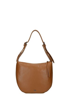 Hnědá kožená kabelka přes rameno s zaobleným dnem, nastavitelným popruhem, zipem s třásní a malým kovovým logem u spodní části.