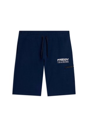 Pantalones cortos de entrenamiento azul marino con cintura elástica, cordón, bolsillo lateral con cremallera y logo "FREDDY TRAINING" en el muslo derecho.