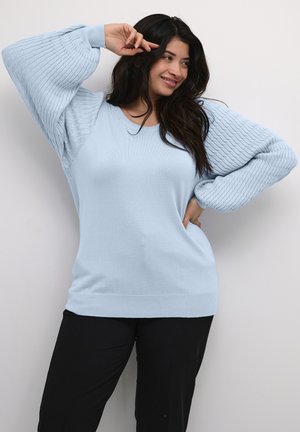 Light blue sweater with textured, ribbed balloon sleeves. Crew neckline, relaxed fit, and solid body, paired with black pants.