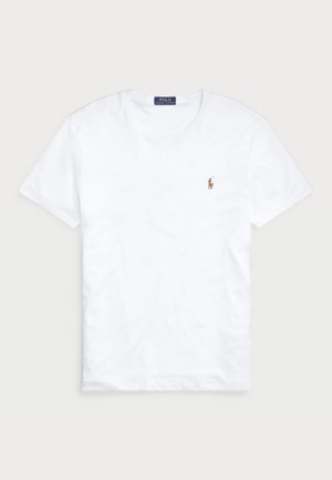 White short-sleeve t-shirt made of cotton, featuring a small embroidered logo on the left chest, round neckline, and a soft texture.